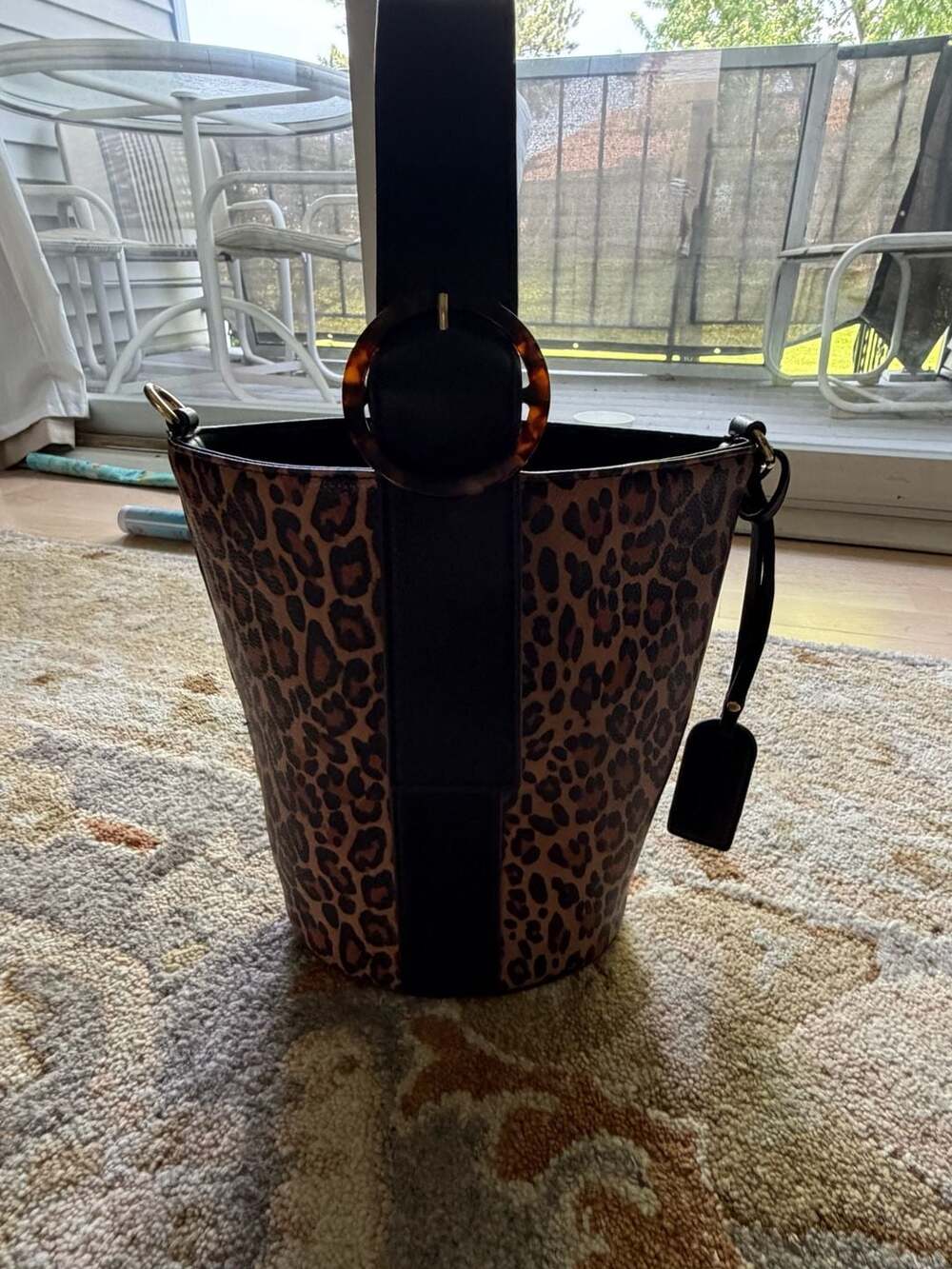 Sole Society Leopard Print Bucket Crossbody Bag with Tortoise Buckle